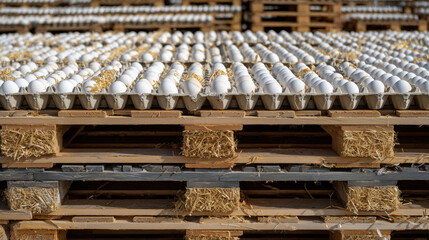 High-angle perspective of pallets filled with cardboard egg trays in a warehouse, hundreds of eggs lined up, ambient lighting emphasizing organized storage for export purposes