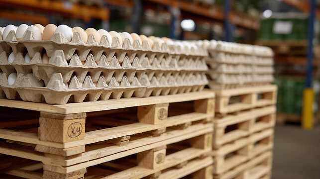 High-angle perspective of pallets filled with cardboard egg trays in a warehouse, hundreds of eggs lined up, ambient lighting emphasizing organized storage for export purposes