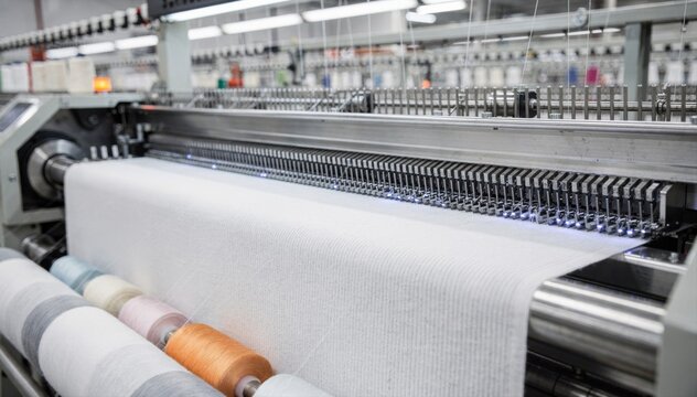 Medium shot of rib knit production line machine crafting fine 1x1 rib fabric showcasing precise stitch formation for lightweight cuffs and collars in a modern textile facility.