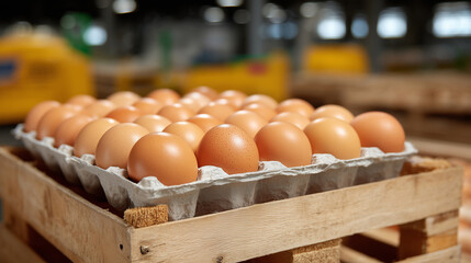 Macro perspective of hen eggs in stacked cardboard trays on a pallet, warm lighting emphasizing textures, organized arrangement ready for import/export logistics