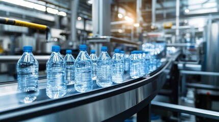 Sleek conveyor belt transports bottles of mineral water through a modern factory showing the detailed production process during daytime hours