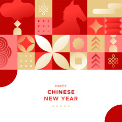 Fototapeta premium Happy Chinese New Year of the horse 2026 modern mosaic illustration template in abstract geometric style. China culture festival event design with gold fortune decoration.
