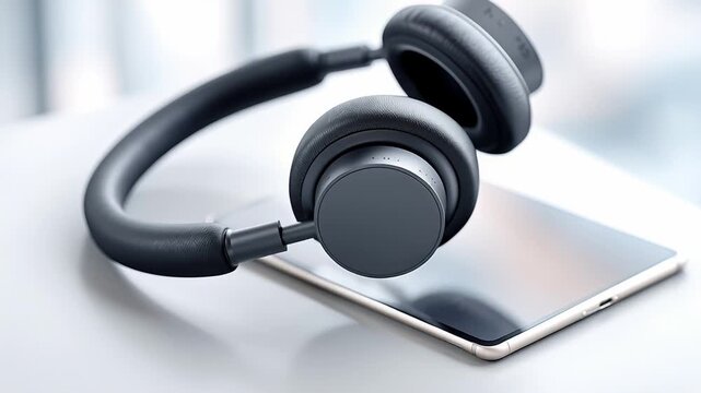 Sleek black wireless headphones resting on a modern smartphone