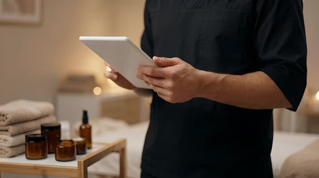 Midsection of Professional in Black Uniform Using Tablet in Spa Setting with Cream Bed Linens and Brown Medicine Bottles on Wooden Tray Neutral Soft Lighting