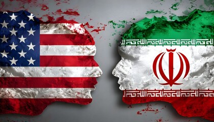 Conflict between USA and Iran depicted with flags and silhouettes on grey background Generative AI