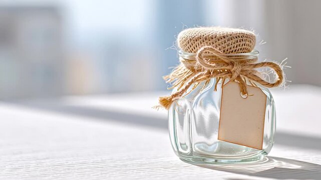 Rustic glass jar with burlap lid and blank tag on sunlit table