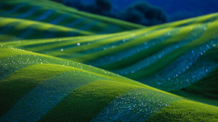 Macro view of lush golf course grass with striped mowing patterns, morning sunlight casting soft shadows, tiny dew drops highlighting vivid green texture, ideal outdoor sport scene