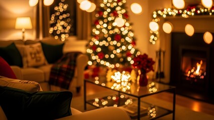 Cozy living room with Christmas tree and fireplace lit up at night