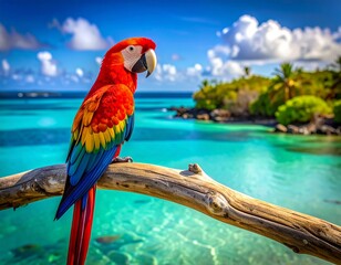 Vibrant scarlet macaw perches on a branch, overseeing a tropical beach with turquoise waters and lush islands under a blue sky, capturing the essence of paradise