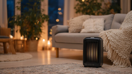 Naklejka premium Portable heater on floor near sofa with a thick blanket, warm orange light reflecting on nearby furniture, cozy indoor environment, ideal for relaxing during winter evenings