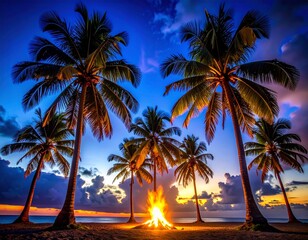 Vibrant tropical sunset over a pristine beach with silhouetted palm trees and a warm bonfire illuminating the sand, creating a perfect evening paradise