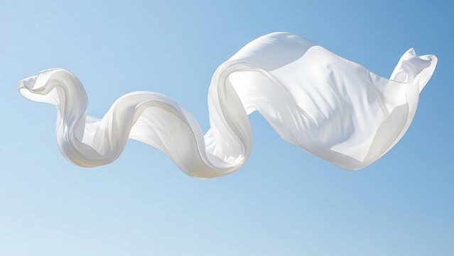 A flowing white fabric waving gently in the air against a clear blue sky
