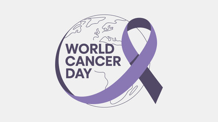 World Cancer Day Ribbon Vector with Earth Globe Line art icon on White background