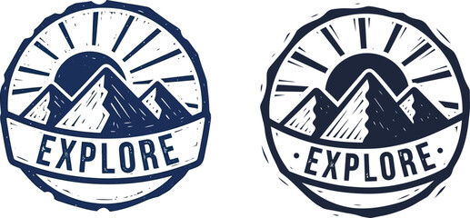 Obraz premium Hand-drawn 'Explore' adventure emblem in vintage woodcut style, featuring majestic mountains under a radiating sun, ideal for outdoor enthusiasts and travel branding