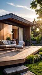 Modern wooden house exterior with a deck, furniture, and greenery under a bright sky