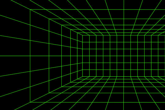 Part of rectangular green neon light wireframe in perspective on black background. Room, portal or studio mesh structure in futuristic style. Metaverse or virtual reality space. Vector illustration