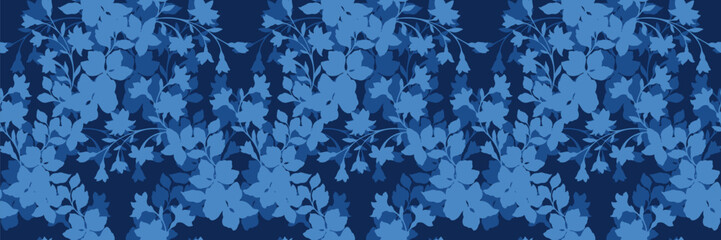 Seamless vector floral pattern with elegant blooming flowers and branches in light blue tones on deep navy background. Decorative botanical texture for textiles, wallpaper, wrapping paper © incarnadine
