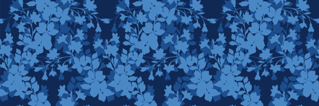 Seamless vector floral pattern with elegant blooming flowers and branches in light blue tones on deep navy background. Decorative botanical texture for textiles, wallpaper, wrapping paper