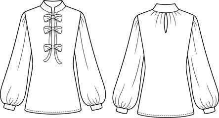 Girl’s blouse sketch, mandarin collar, puff sleeves, bow front detail, keyhole back, fashion design layout, flat vector illustration