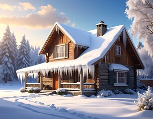 Snowy log cabin nestled in a winter landscape with blue sky and evergreen trees at golden hour