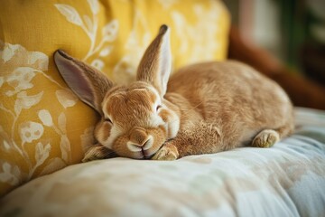 Rabbit sleeping on a pillow in a cozy room during the afternoon light enjoying a quiet moment of rest on a soft surface