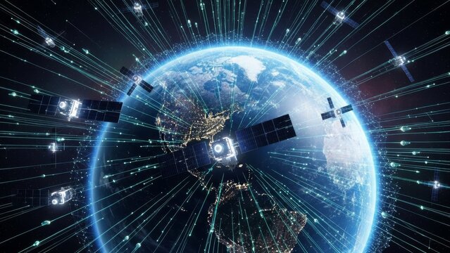 Global communication network concept with satellites orbiting Earth, beaming data lines across the planet for connectivity and internet services.