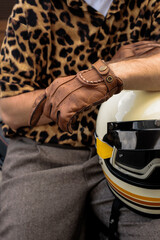 Fototapeta premium Classic Motorcycle Rider with Retro Helmet