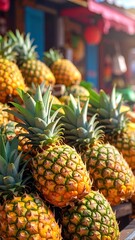 Stacked ripe pineapples with green leaves against a blurred market background in bright sunlight