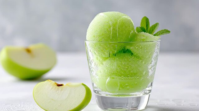 Refreshing green apple sorbet in glass with fresh apple slices and leaves