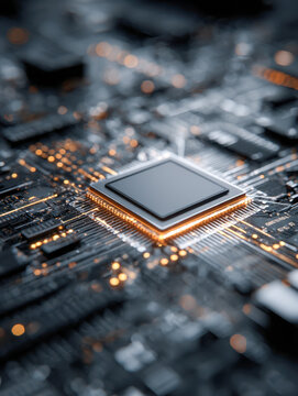 High technology microprocessor chip glowing with golden light embedded on motherboard with intricate circuitry and electronic components in modern digital system des