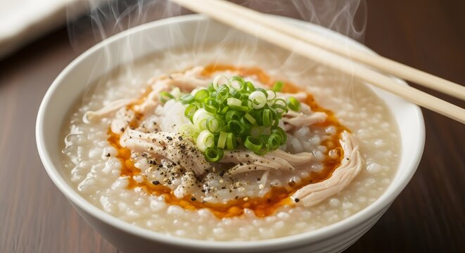 Steaming bowl of savory Asian chicken congee topped with fresh scallions black pepper and chili oil ready to eat