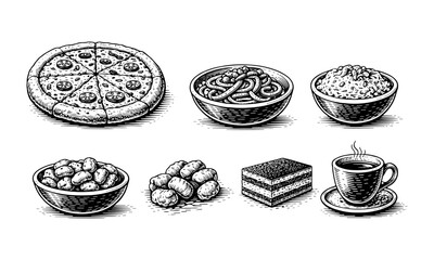 Classic Italian Food and Coffee Engraving Style Icons Collection