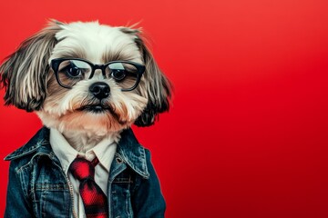 Cool dog in funky fashion outfit poses with style in front of a red background while wearing glasses, jacket, and tie ready for a photoshoot with a blank banner for text