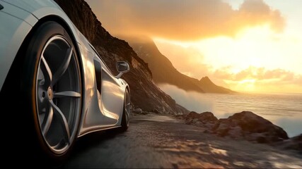 Sports car drives along the coast at sunset with ocean waves and mountains in the background creating a stunning view