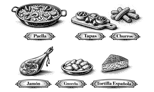 Traditional Spanish Food Set Engraving Style Paella Tapas Churros Jam&oacute;n