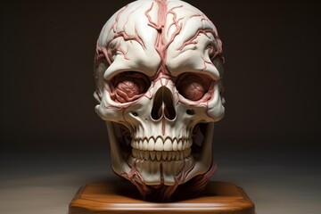 Anatomical skull model disclosing blood vessels and brain matter on a wooden base