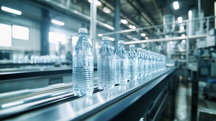 Conveyor belt moves bottles of mineral water in a factory during daytime, showing the production process in detail and the well-lit environment of the workspace