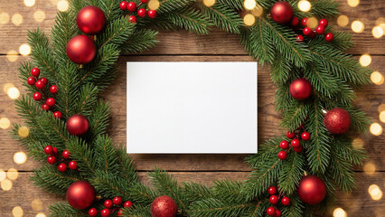 Blank Christmas Card Mockup on Rustic Wood with Festive Wreath and Sparkling Lights