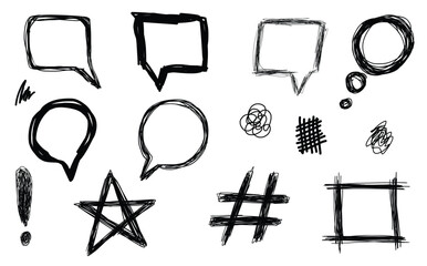 Hand-drawn balloon text and scribble doodle set featuring bubble chat outlines, highlighted oval frames, ellipses, marker arrows, and underline lines. A collection of ovals, circles, and line template