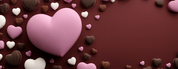 Pink heart surrounded by smaller hearts and chocolate drops on red background