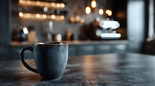 Matte dark grey coffee mug sitting on a dark stone countertop, set against a blurred background of a modern masculine kitchen with coffee.