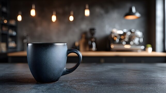 Matte dark grey coffee mug sitting on a dark stone countertop, set against a blurred background of a modern masculine kitchen with coffee.
