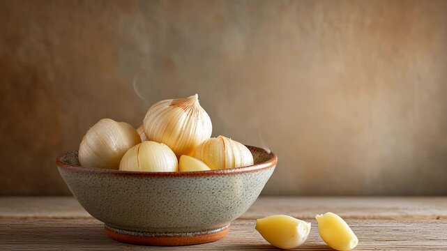 Steaming bowl of freshly peeled garlic on rustic wooden table