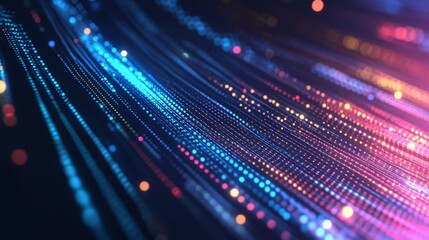 Colorful light trails and glowing dots create an abstract digital background for data transfer concept