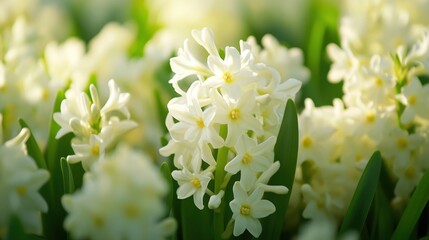 Elegant cluster of pristine white hyacinth flowers bathed in gentle light