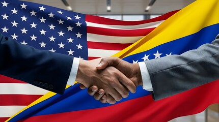 Hands shake as two nations connect, signifying cooperation between the United States and Venezuela in a formal setting indoors Generative AI