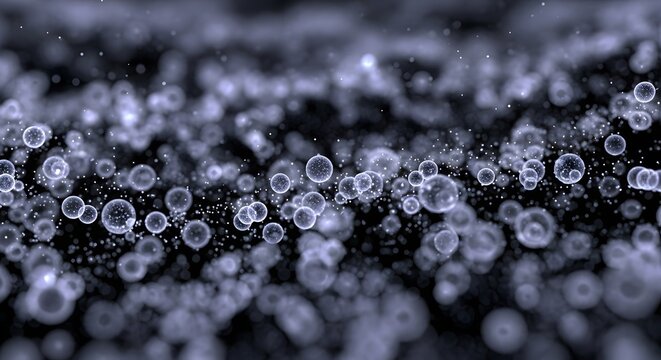 Abstract digital rendering illustrates a dense field of glowing microscopic bubbles or particles suspended in dark space - Powered by Adobe