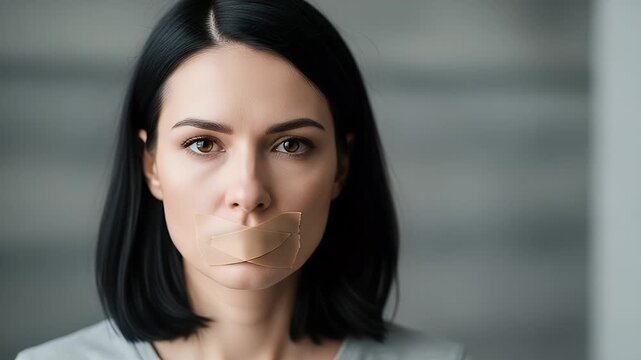 portrait of a woman with taped mouth symbolizing censorship and silence