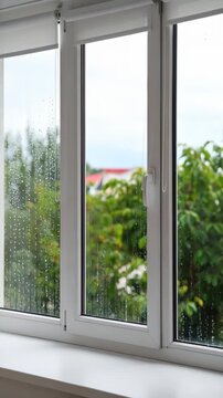 Condensation on a three pane window with white frame and roller blinds, green garden behind the glass, water droplets running down.