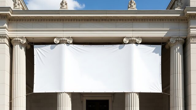 A large blank vinyl banner hanging on the facade of a classical building with columns